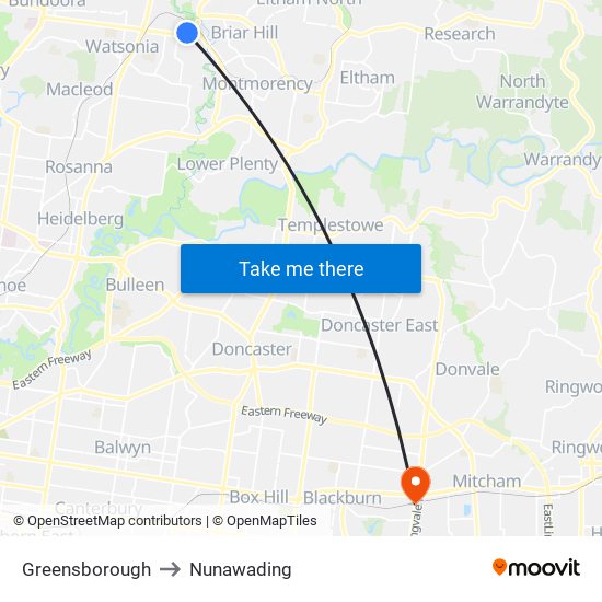 Greensborough to Nunawading map