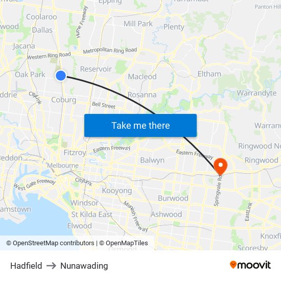 Hadfield to Nunawading map