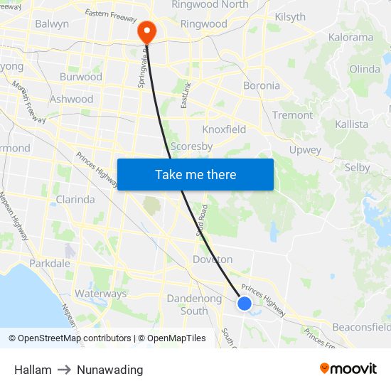 Hallam to Nunawading map