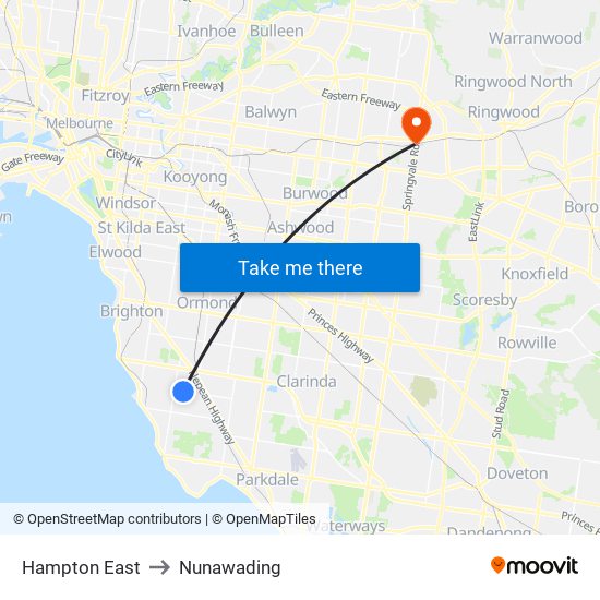 Hampton East to Nunawading map