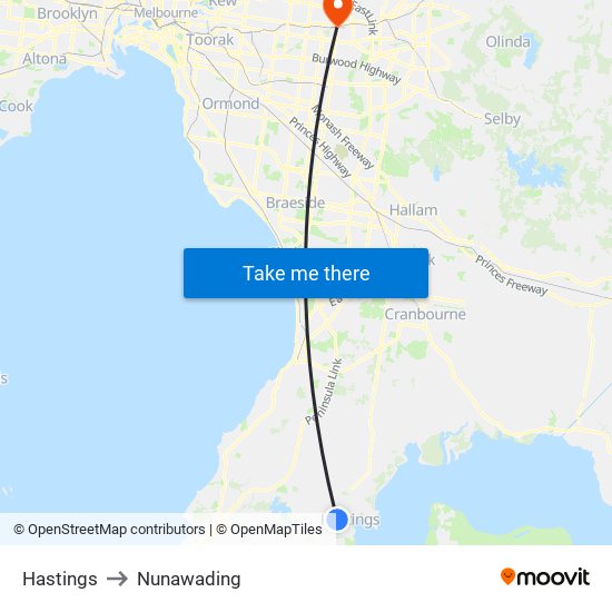 Hastings to Nunawading map