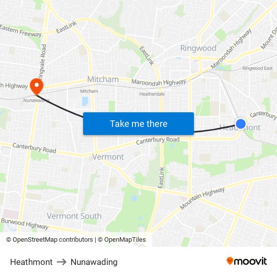 Heathmont to Nunawading map