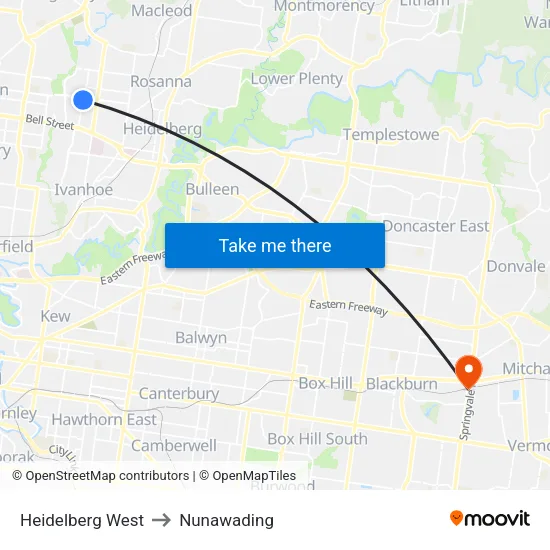 Heidelberg West to Nunawading map
