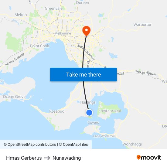 Hmas Cerberus to Nunawading map