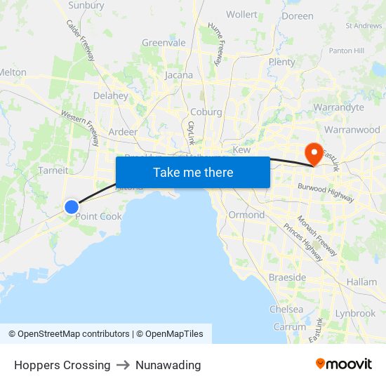 Hoppers Crossing to Nunawading map