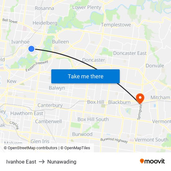 Ivanhoe East to Nunawading map