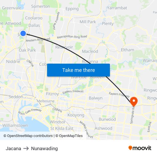 Jacana to Nunawading map