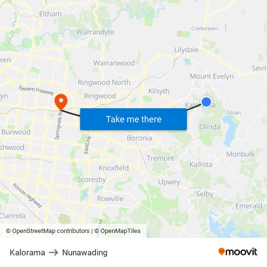 Kalorama to Nunawading map