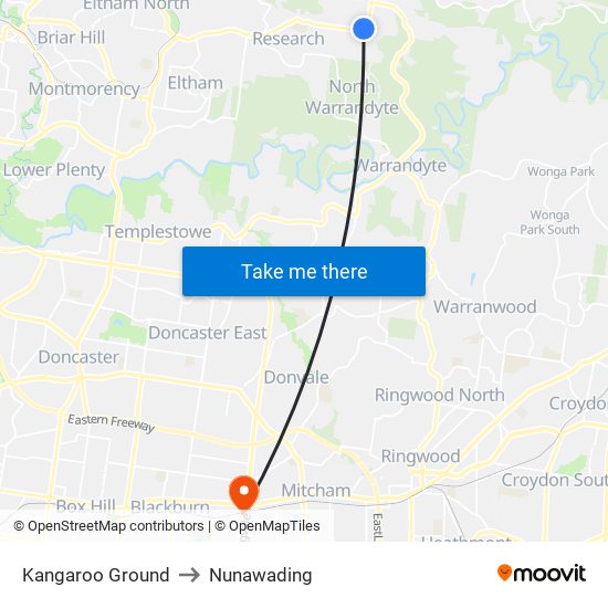 Kangaroo Ground to Nunawading map