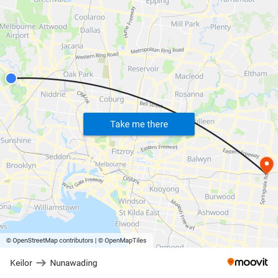 Keilor to Nunawading map