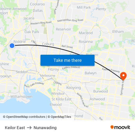 Keilor East to Nunawading map