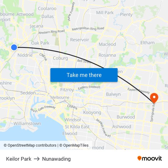 Keilor Park to Nunawading map