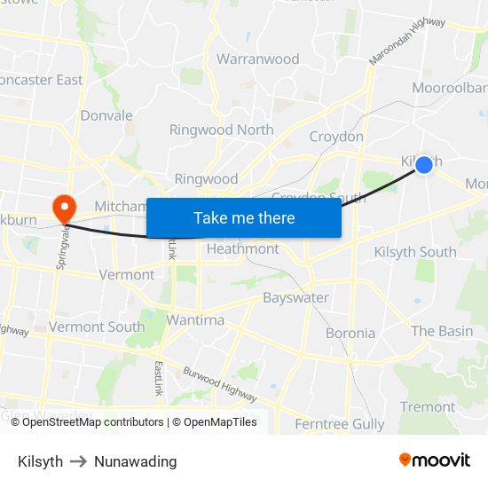 Kilsyth to Nunawading map