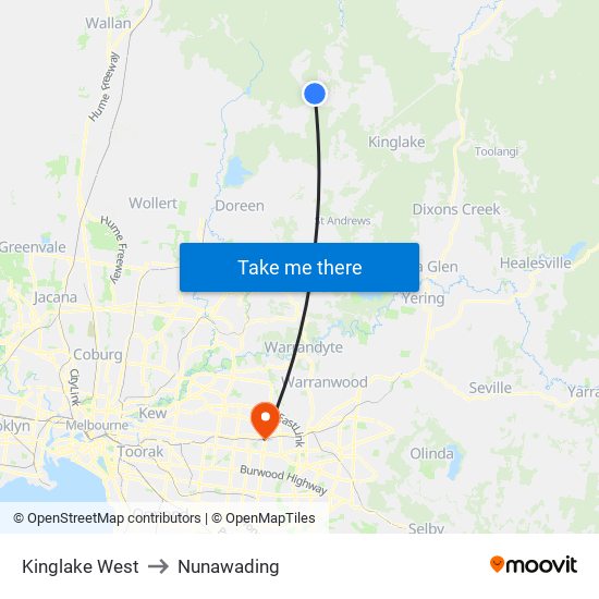 Kinglake West to Nunawading map