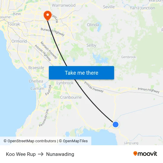 Koo Wee Rup to Nunawading map
