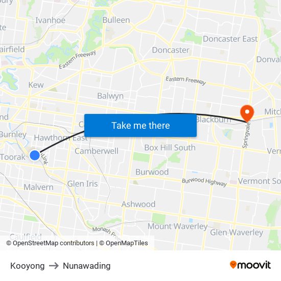 Kooyong to Nunawading map