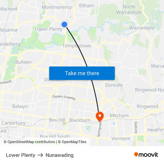 Lower Plenty to Nunawading map