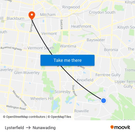 Lysterfield to Nunawading map