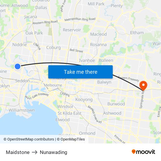 Maidstone to Nunawading map