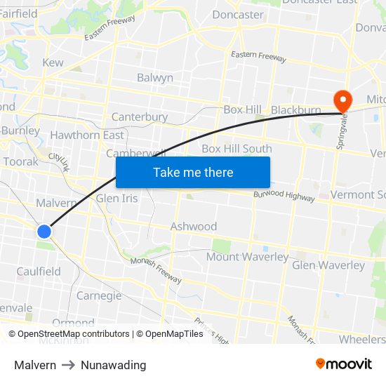 Malvern to Nunawading map