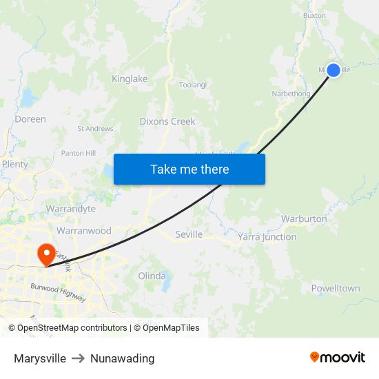 Marysville to Nunawading map