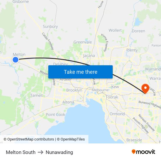 Melton South to Nunawading map