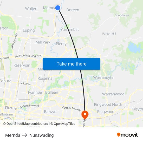 Mernda to Nunawading map