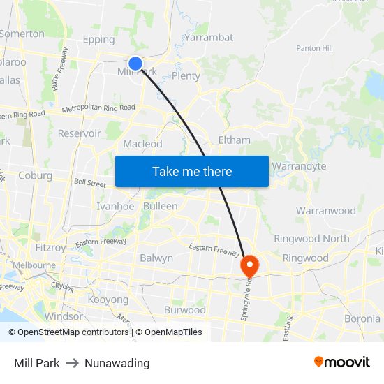 Mill Park to Nunawading map