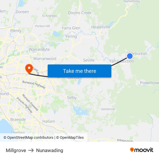 Millgrove to Nunawading map