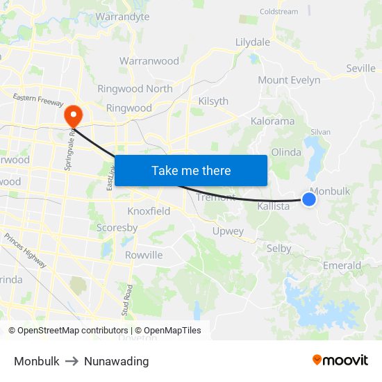 Monbulk to Nunawading map