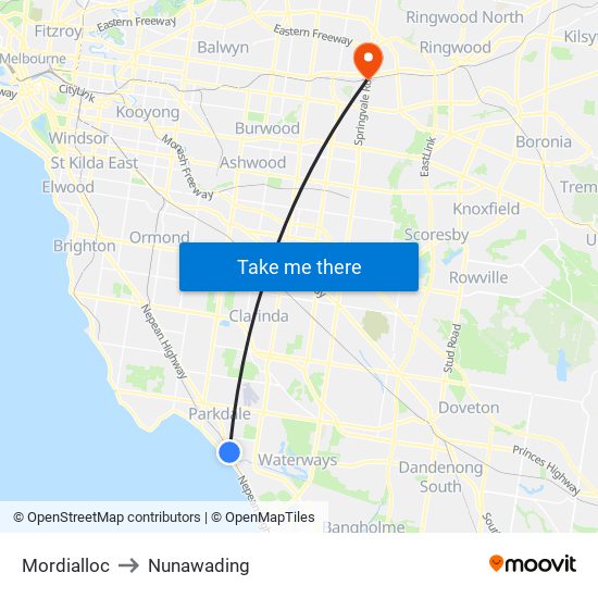 Mordialloc to Nunawading map