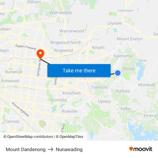 Mount Dandenong to Nunawading map