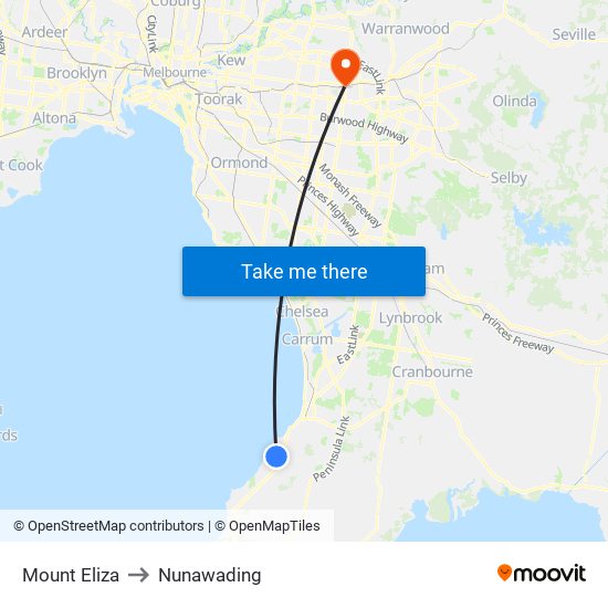 Mount Eliza to Nunawading map