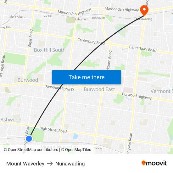 Mount Waverley to Nunawading map