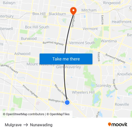 Mulgrave to Nunawading map