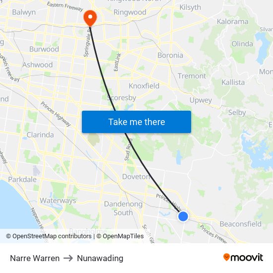 Narre Warren to Nunawading map