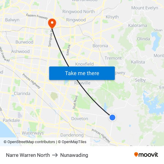 Narre Warren North to Nunawading map