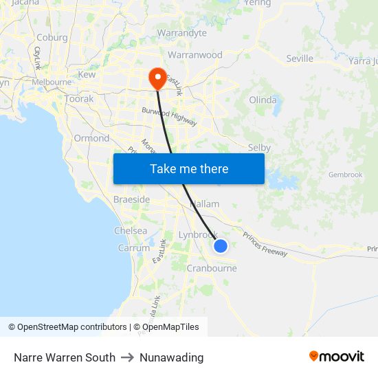 Narre Warren South to Nunawading map