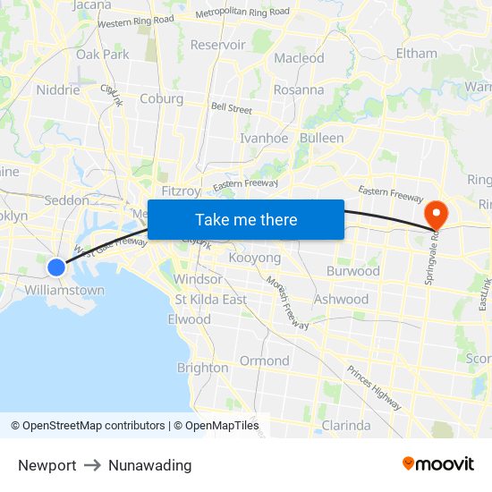 Newport to Nunawading map