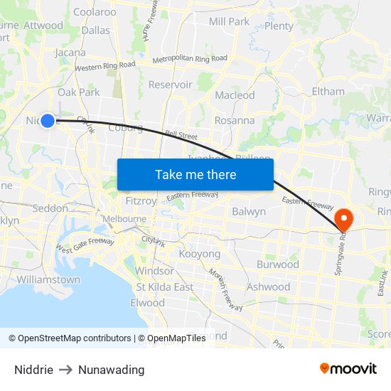 Niddrie to Nunawading map