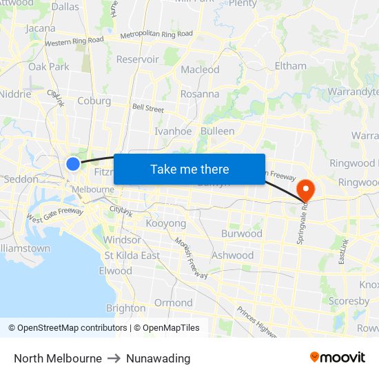 North Melbourne to Nunawading map