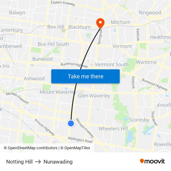 Notting Hill to Nunawading map