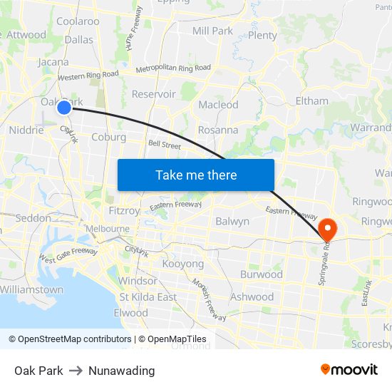 Oak Park to Nunawading map