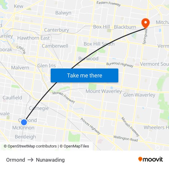 Ormond to Nunawading map