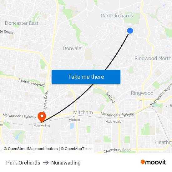 Park Orchards to Nunawading map