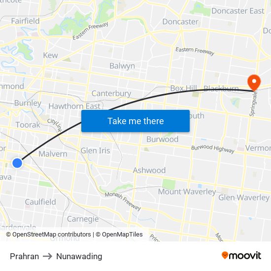 Prahran to Nunawading map