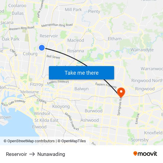 Reservoir to Nunawading map