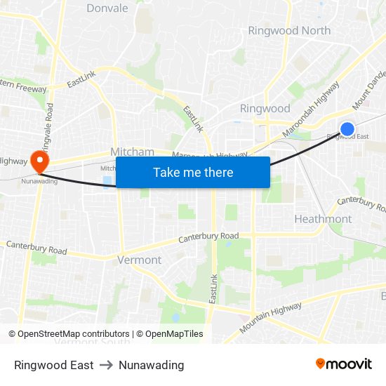 Ringwood East to Nunawading map