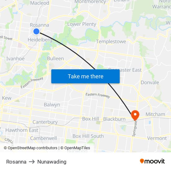 Rosanna to Nunawading map