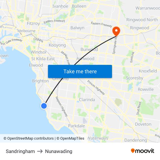 Sandringham to Nunawading map